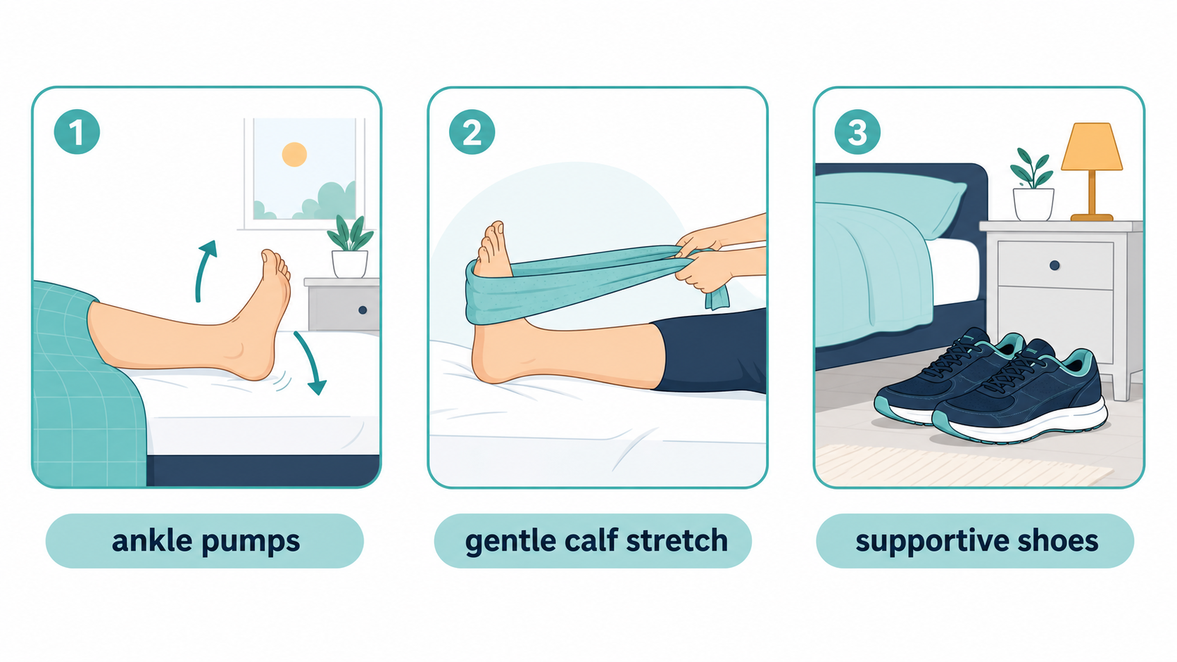 Illustration showing ankle pumps, gentle calf stretch, and supportive shoes before standing with heel pain