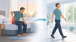 Illustration showing morning stiffness easing after movement later in the day