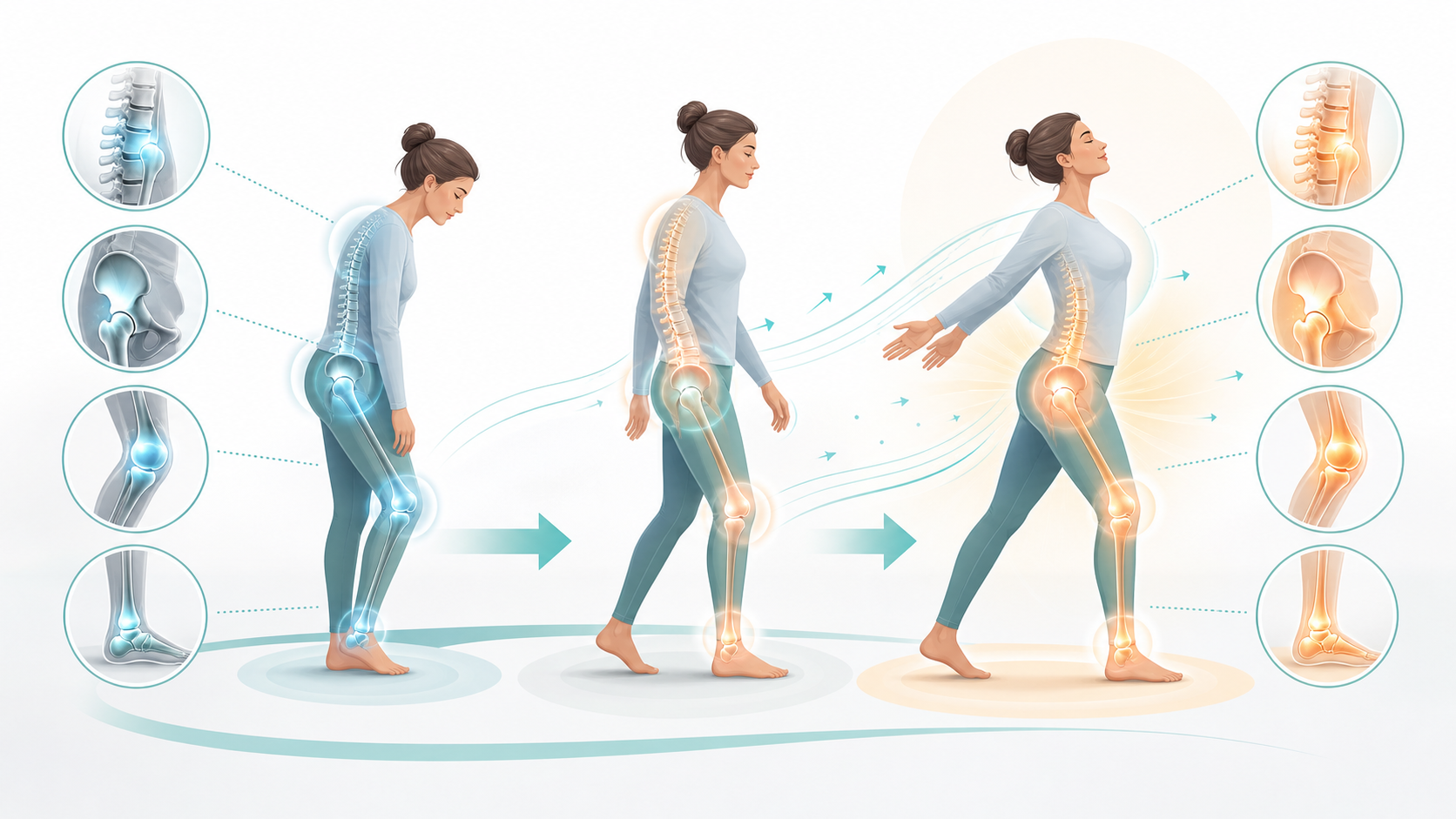 Illustration of joints and muscles moving more freely after gentle activity