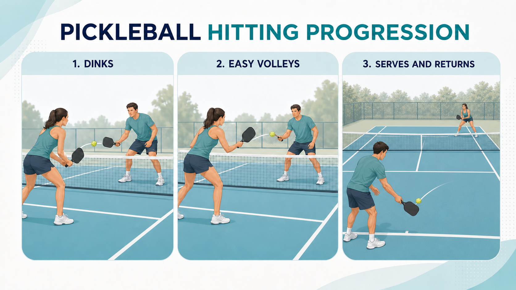 Illustration showing a pickleball warm-up from dinks to volleys serves and returns