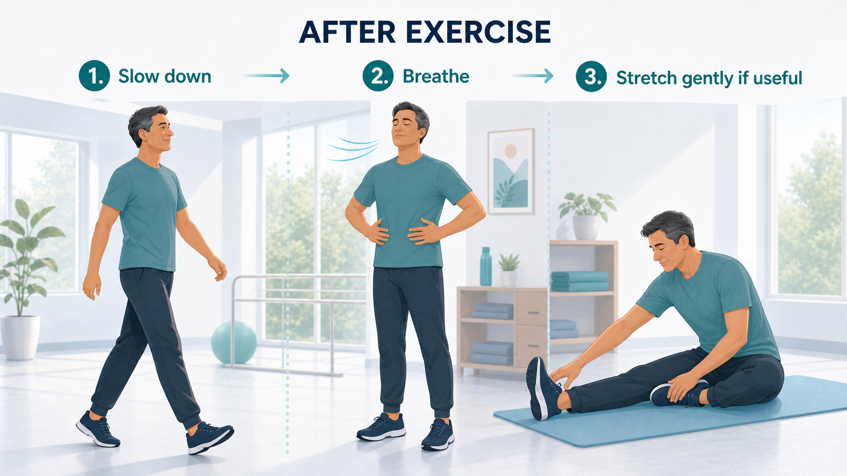 Three-step illustration showing an optional post-exercise cooldown