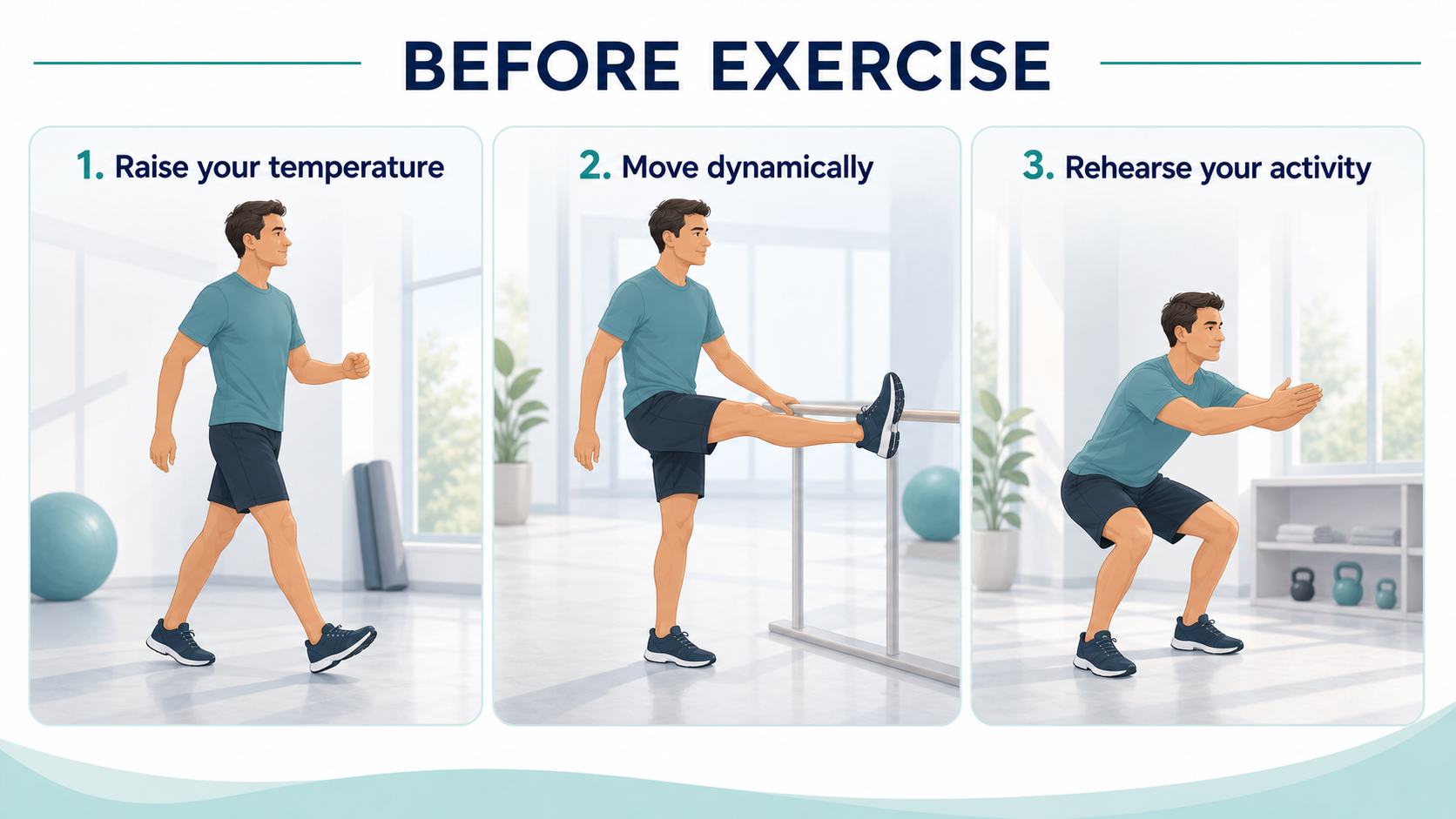 Three-step illustration showing how to warm up before exercise