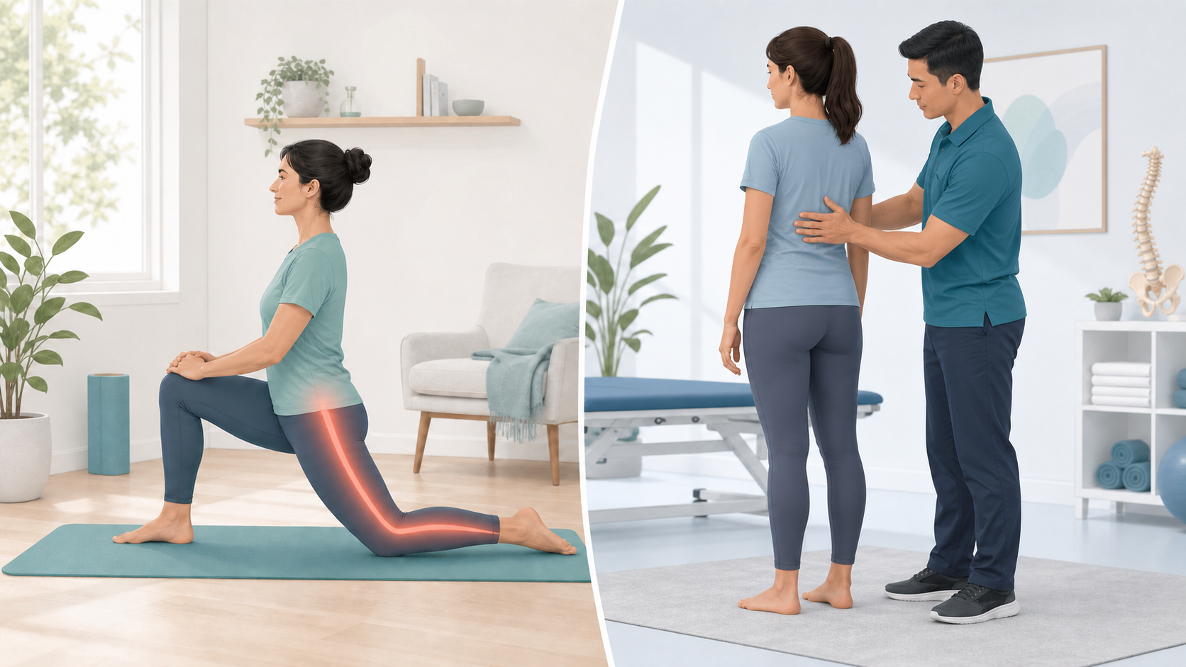 Illustration showing gentle movement and physical therapy assessment for sciatic pain