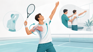 Illustration of shoulder mobility during a tennis serve with upper back and shoulder motion highlighted