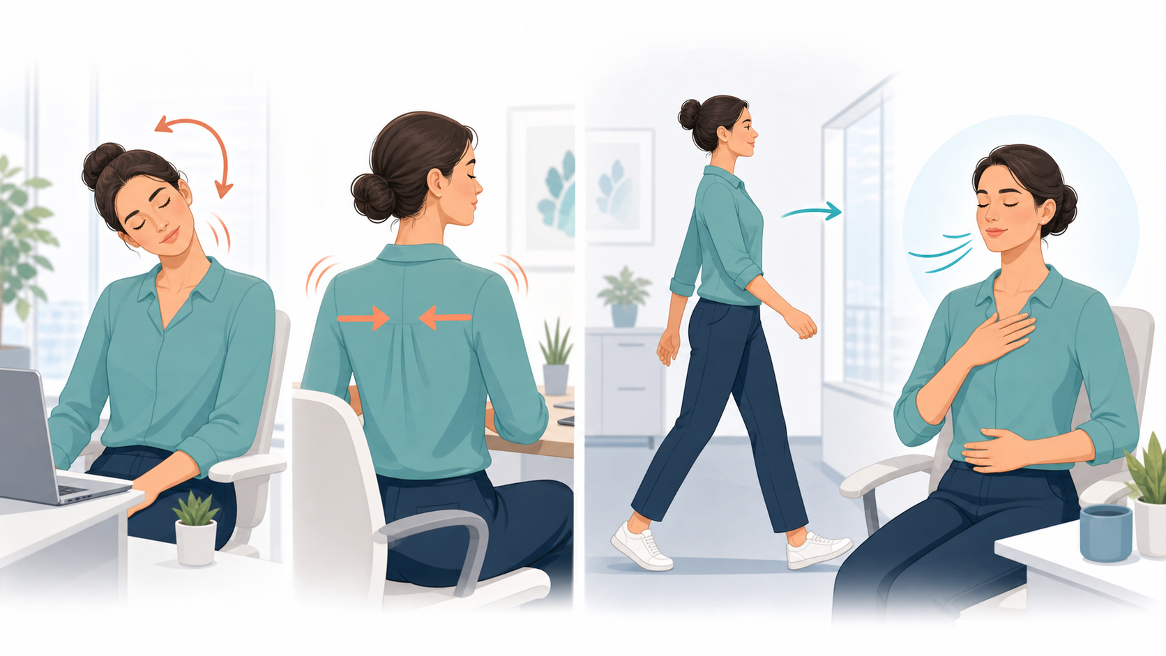 Illustration showing simple workday movement resets for body tension