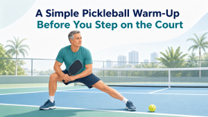 Illustration of a pickleball player performing a lateral lunge before stepping on the court