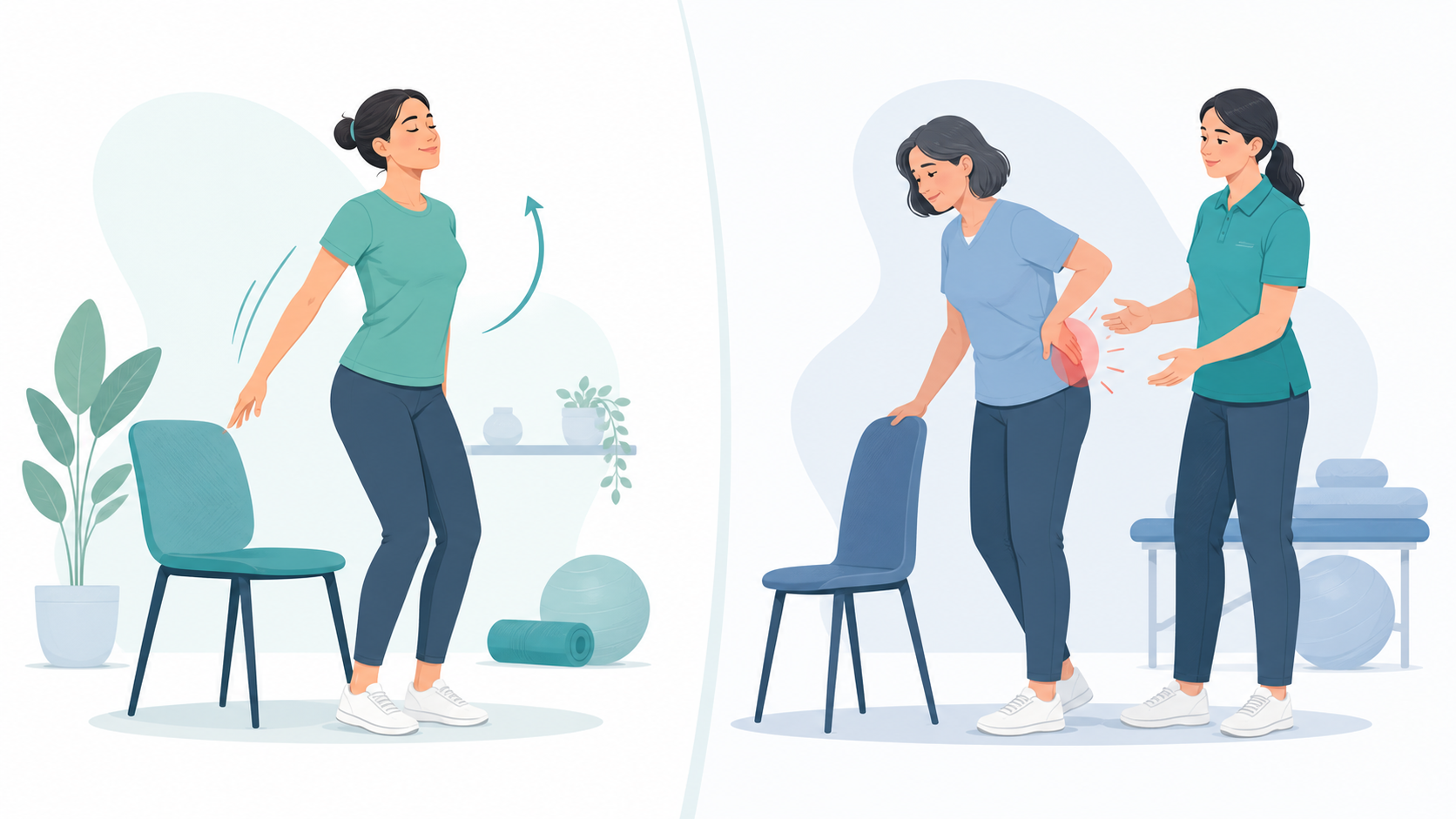 Illustration comparing ordinary stiffness after sitting with discomfort that may need physical therapy guidance