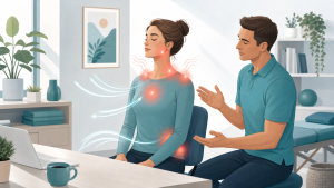 Illustration showing stress related tension in the jaw neck shoulders and back