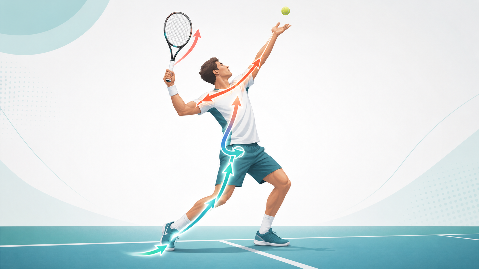Illustration showing the tennis serve kinetic chain from legs and hips to trunk, shoulder, and racquet