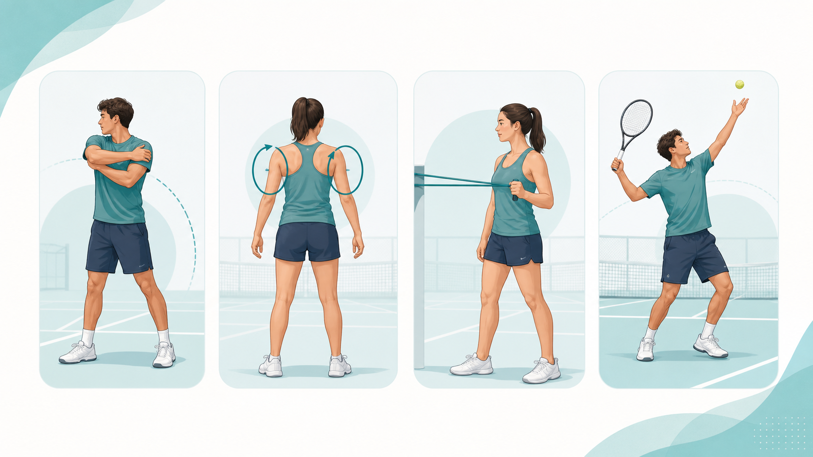 Illustration of a tennis shoulder warmup sequence with trunk rotation, shoulder blade motion, resistance movement, and serve practice