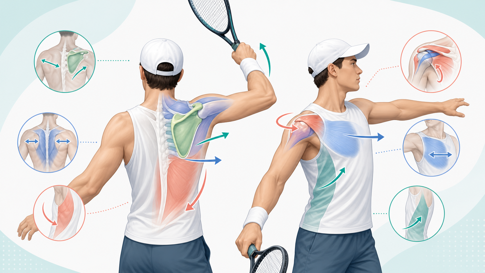 Illustration showing shoulder blade, rotator cuff, chest, lat, and upper back mobility areas for tennis players