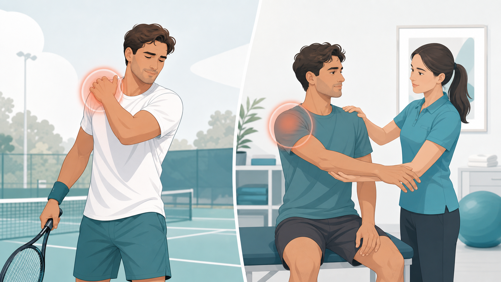 Illustration of a tennis player with shoulder discomfort and a therapist assessing shoulder motion