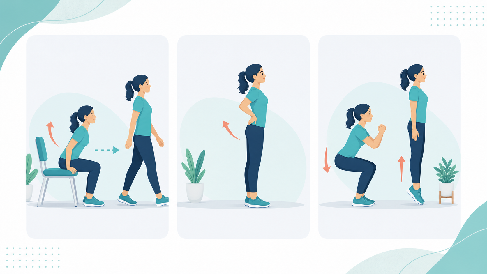 Illustration of a simple movement reset after sitting with standing, gentle mobility, and lower body movement