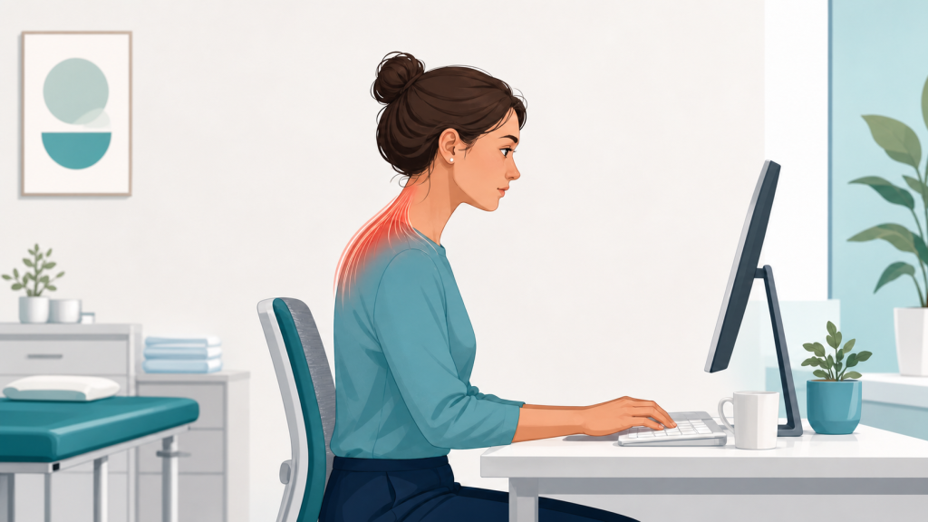 Illustration of a woman at a desk with upper trapezius tension highlighted