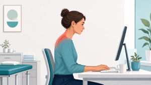 Illustration of a woman at a desk with upper trapezius tension highlighted