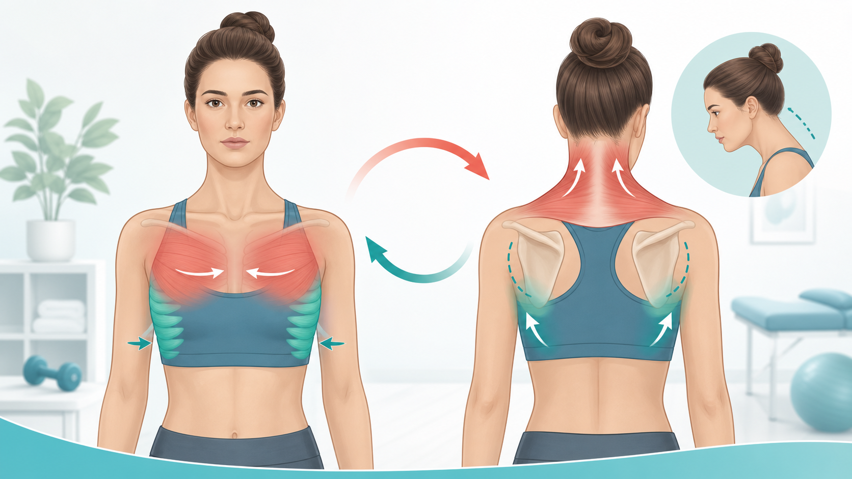 Illustration of chest tightness, shoulder blade control, and upper trap tension