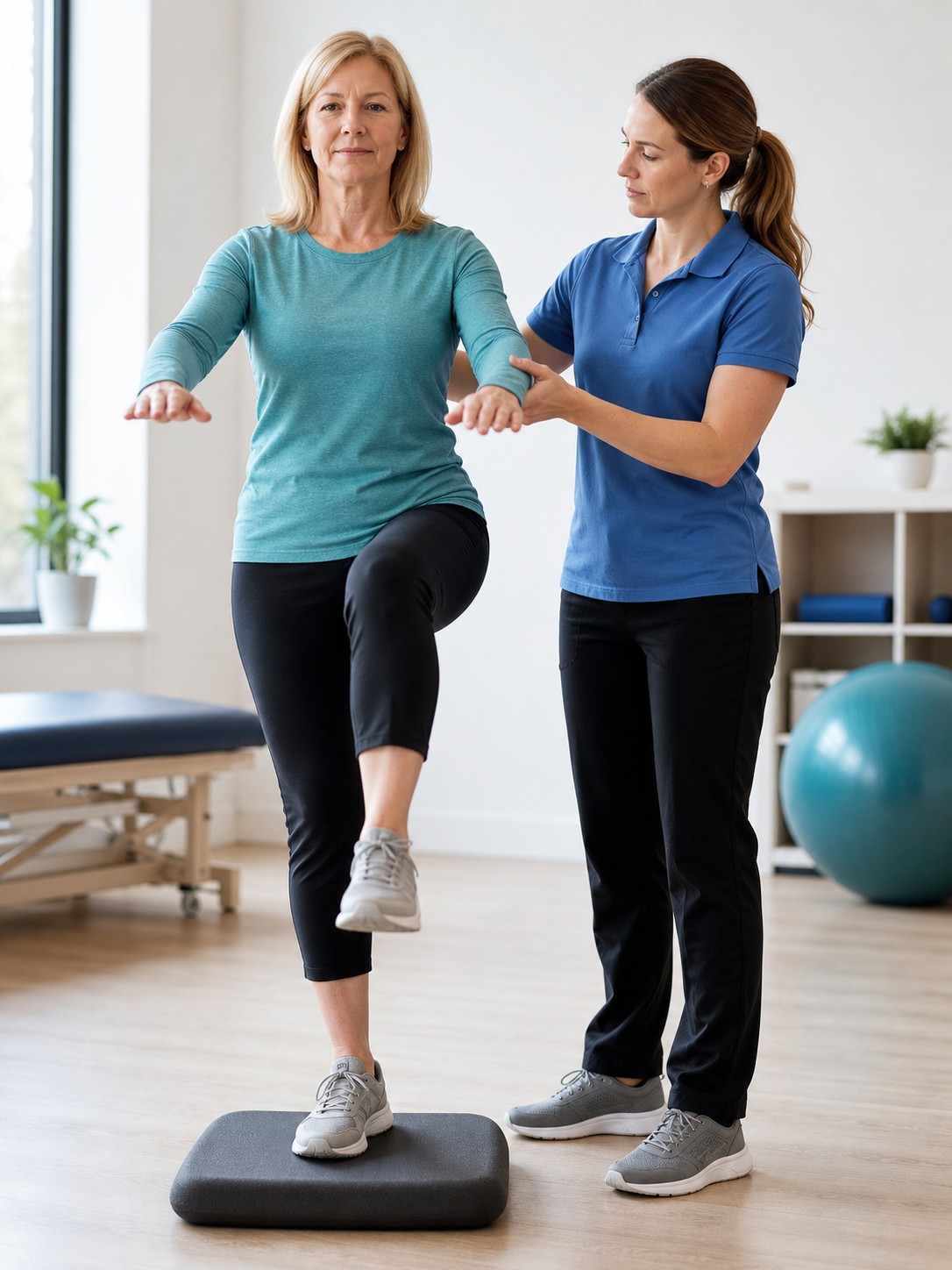 Patient practicing a balance exercise with therapist support during vestibular therapy at Sophysio