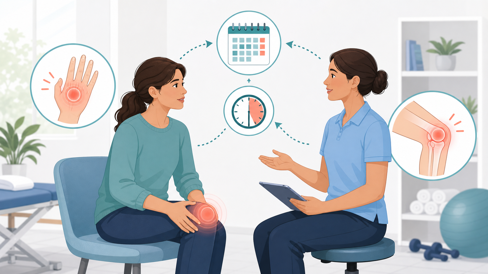 Illustration of a patient discussing ongoing stiffness with a physical therapist
