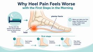 Illustration showing why heel pain can feel worse with first steps in the morning as the plantar fascia loads